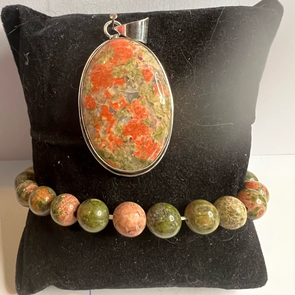 Vibrant Orange and Green Stone Bracelet and Sterling silver pendant